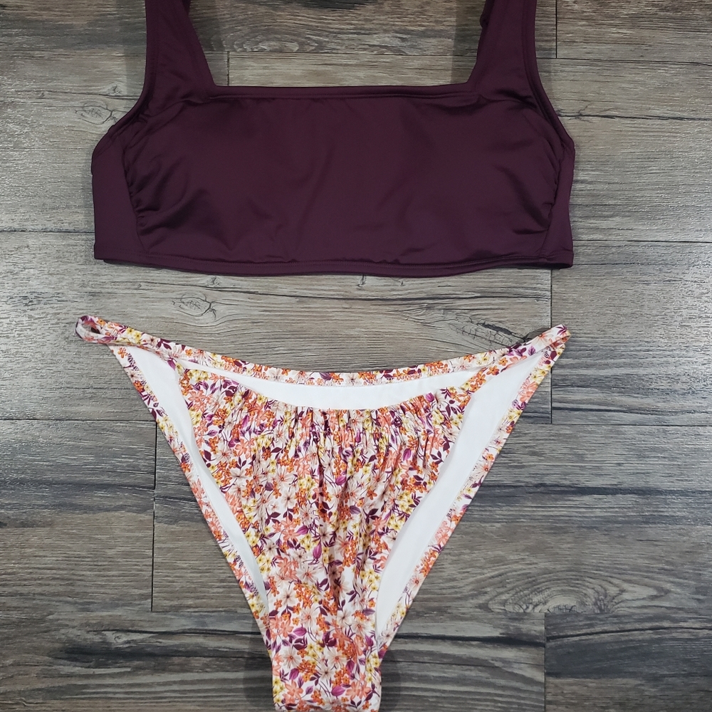 Burgundy flower bikini swimsuit
